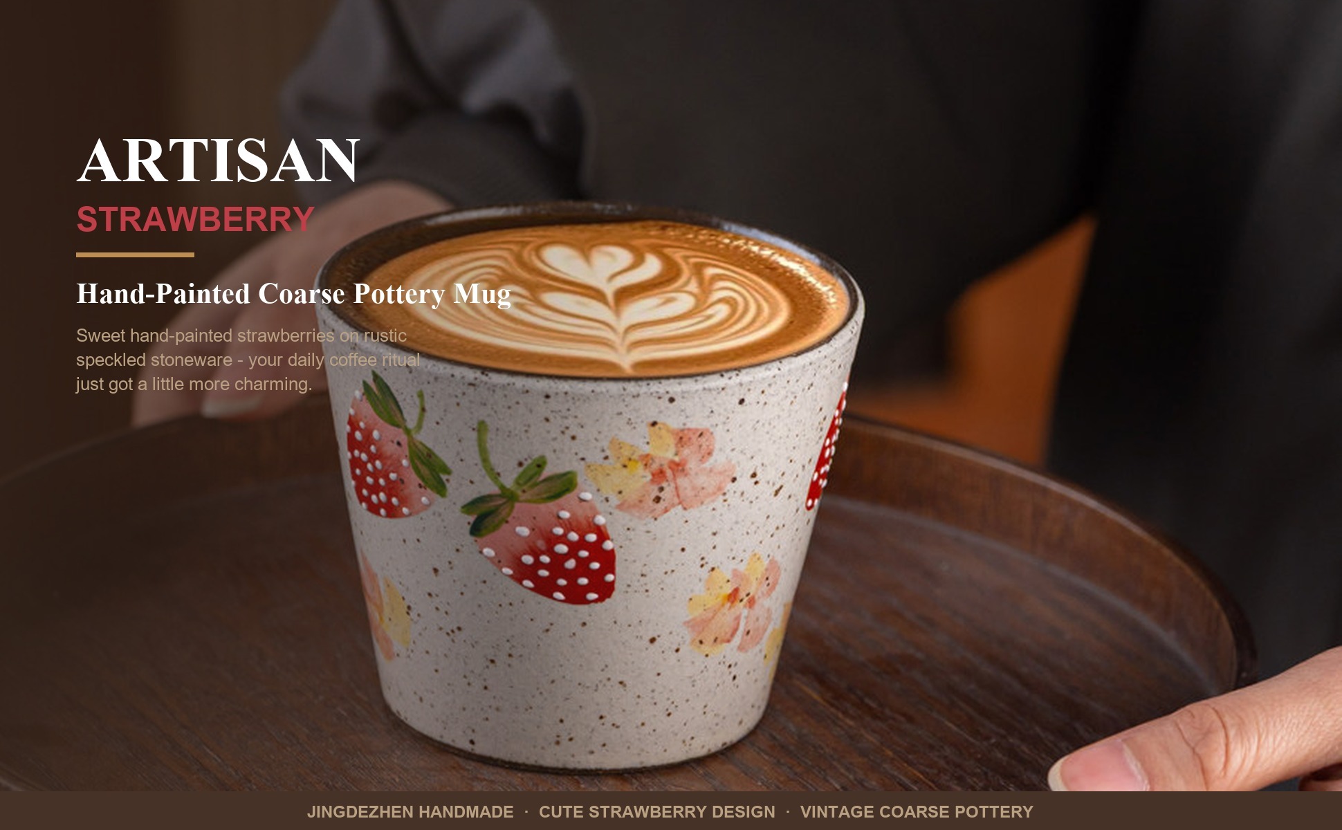 Main view of Strawberry Ceramic Coffee Mug, Jingdezhen Hand-Painted Fruit Pattern Handleless