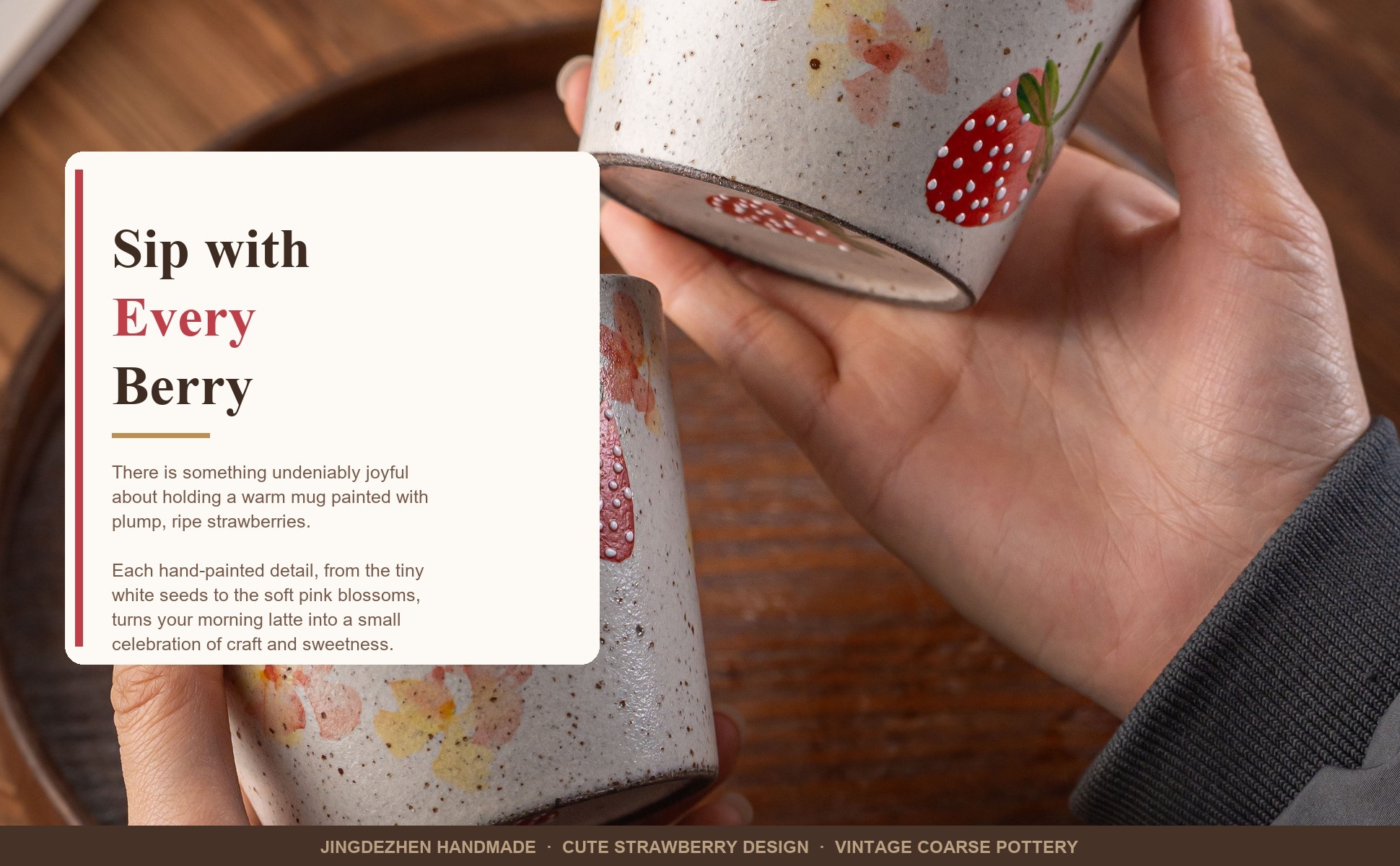 Strawberry Ceramic Coffee Mug, Jingdezhen Hand-Painted Fruit Pattern Handleless in use
