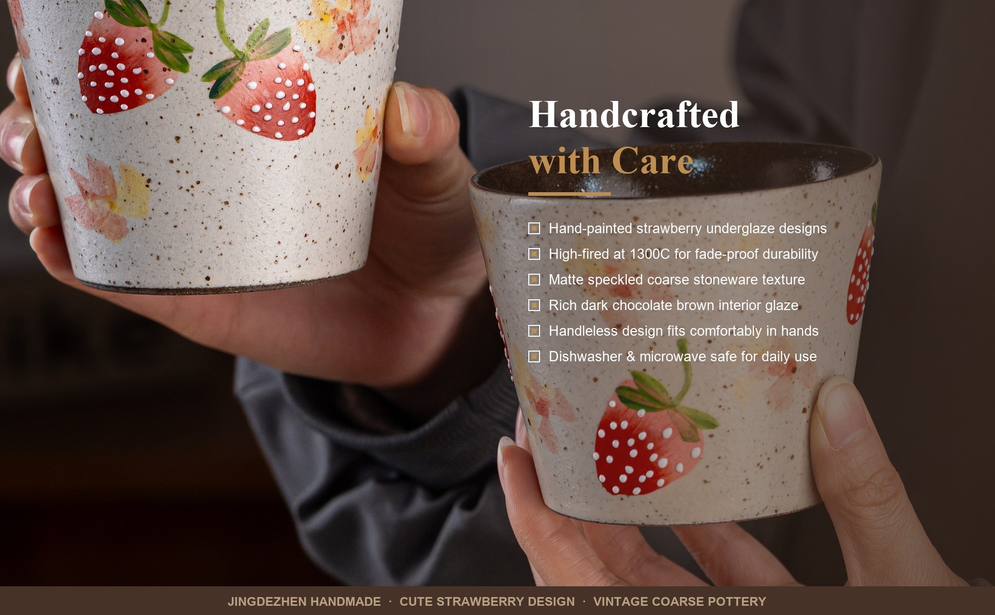 Craftsmanship detail of Strawberry Ceramic Coffee Mug, Jingdezhen Hand-Painted Fruit Pattern Handleless
