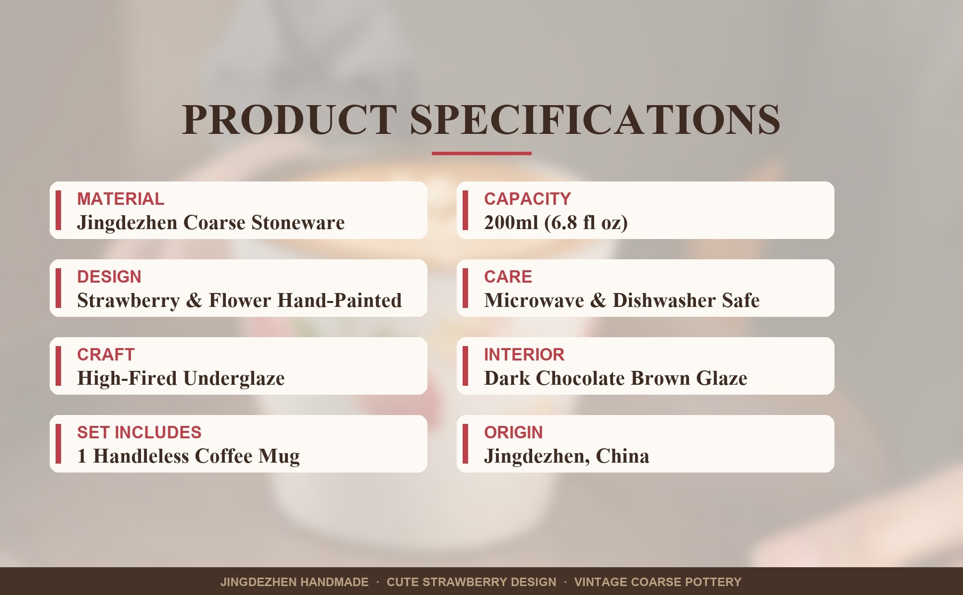 Specifications of Strawberry Ceramic Coffee Mug, Jingdezhen Hand-Painted Fruit Pattern Handleless