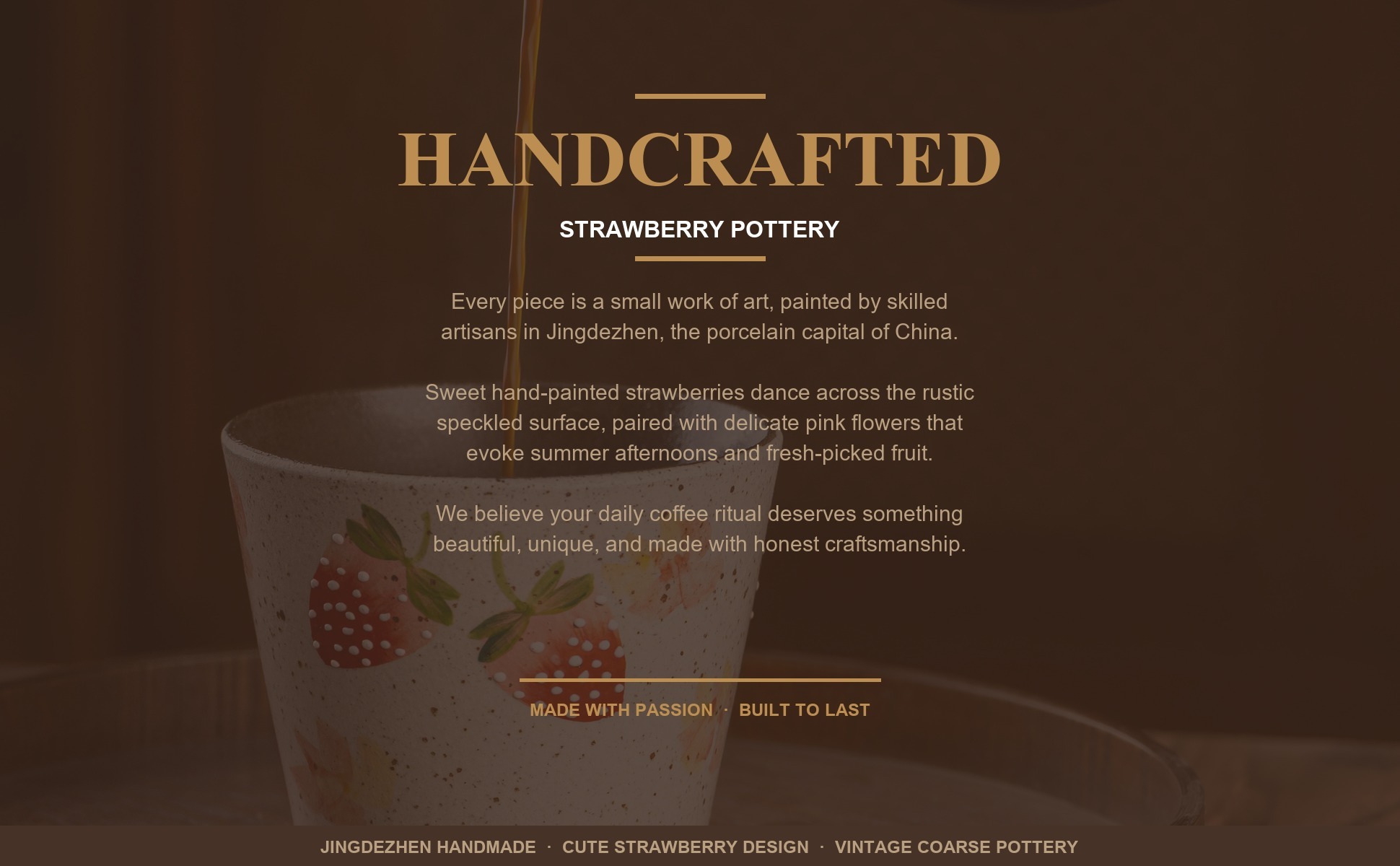 Brand story panel for Strawberry Ceramic Coffee Mug, Jingdezhen Hand-Painted Fruit Pattern Handleless