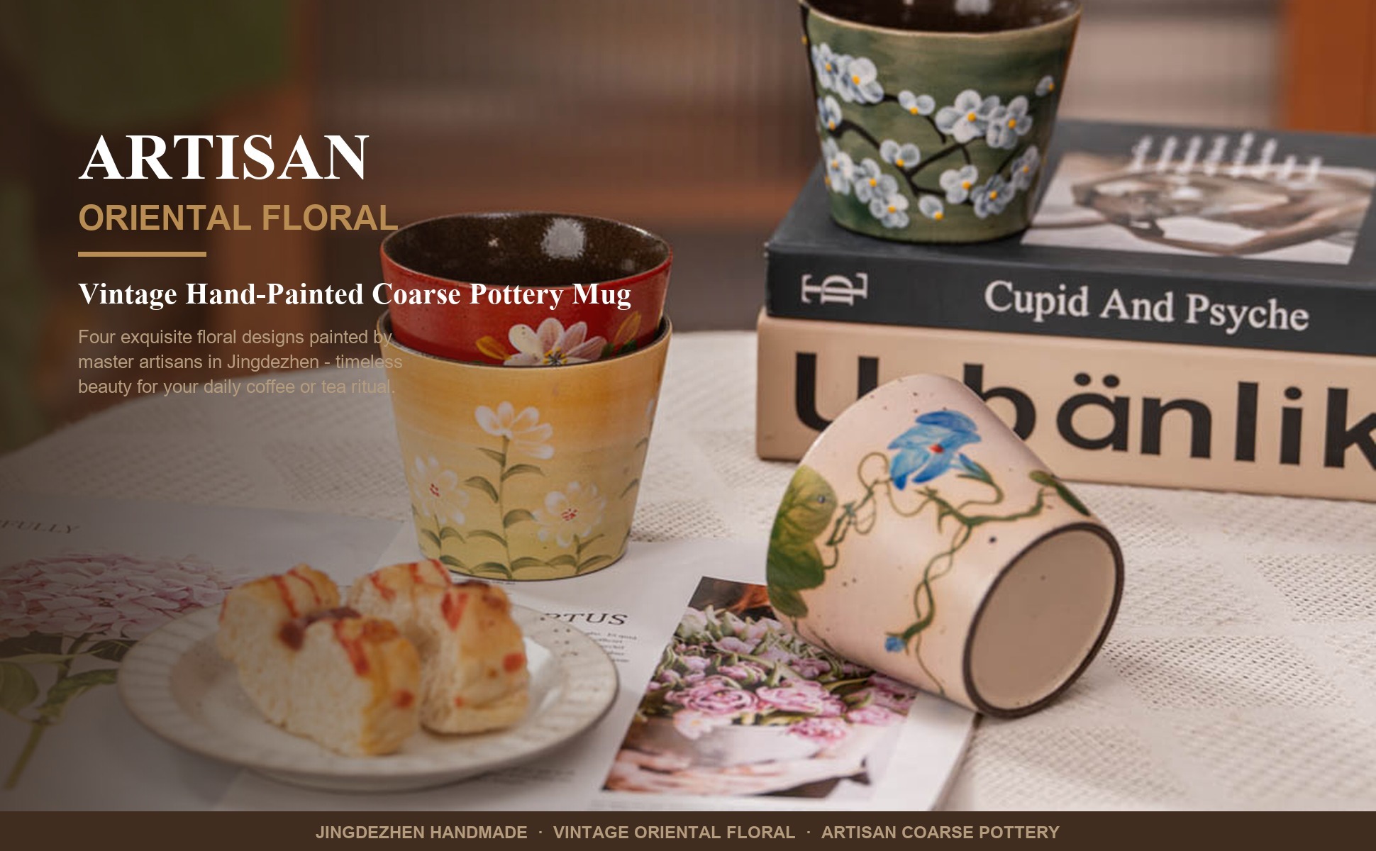 Main view of Vintage Oriental Floral Ceramic Coffee Mug, Jingdezhen Hand-Painted Coarse