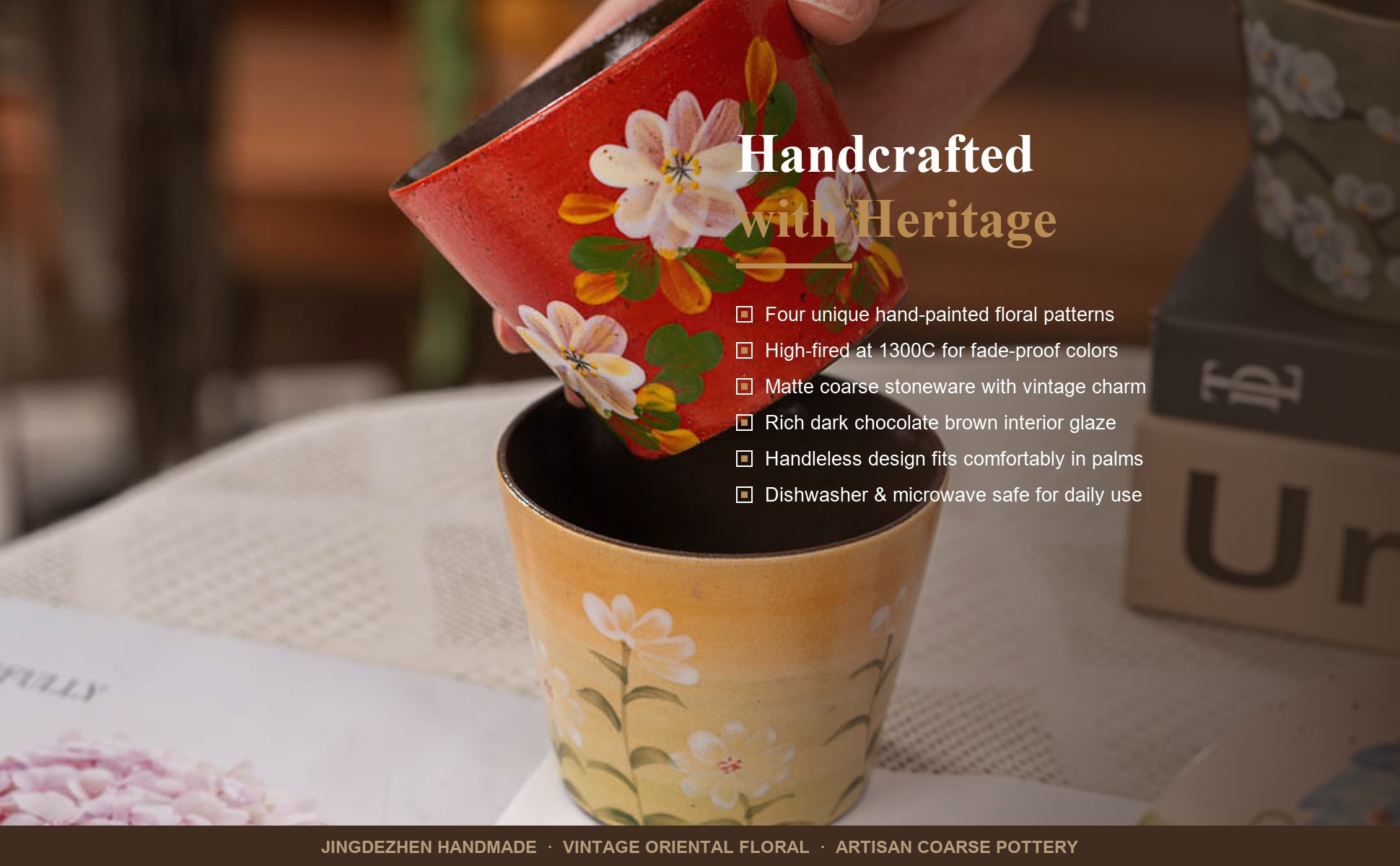 Craftsmanship detail of Vintage Oriental Floral Ceramic Coffee Mug, Jingdezhen Hand-Painted Coarse