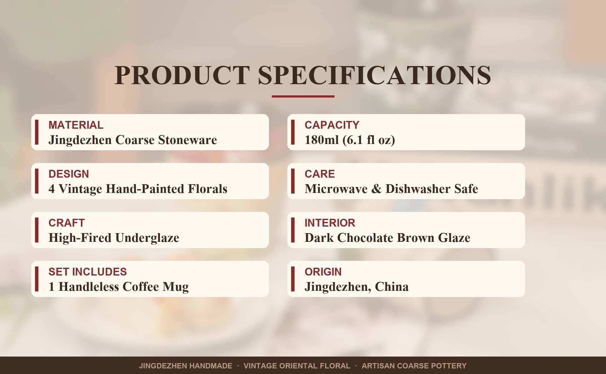 Specifications of Vintage Oriental Floral Ceramic Coffee Mug, Jingdezhen Hand-Painted Coarse