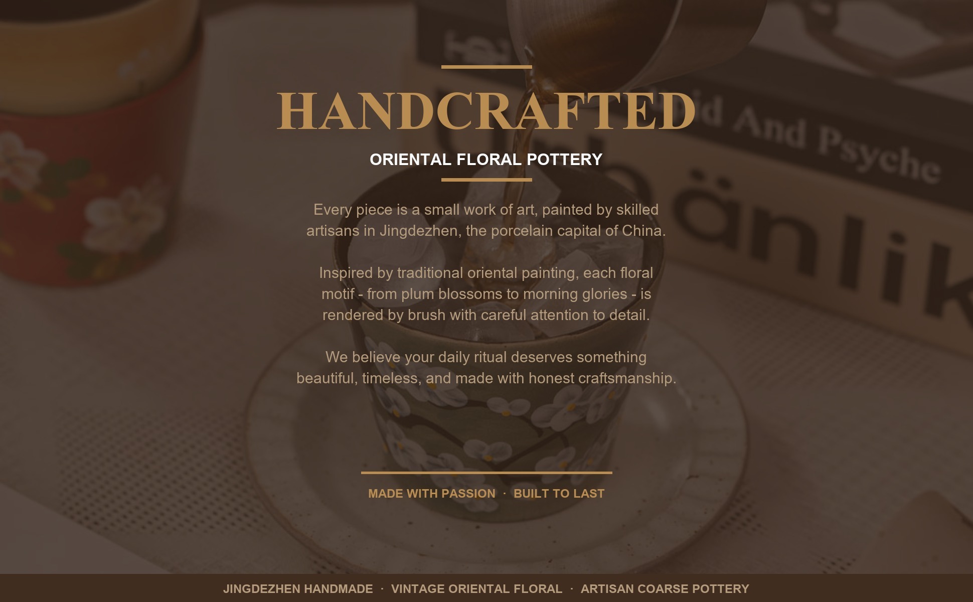 Brand story panel for Vintage Oriental Floral Ceramic Coffee Mug, Jingdezhen Hand-Painted Coarse