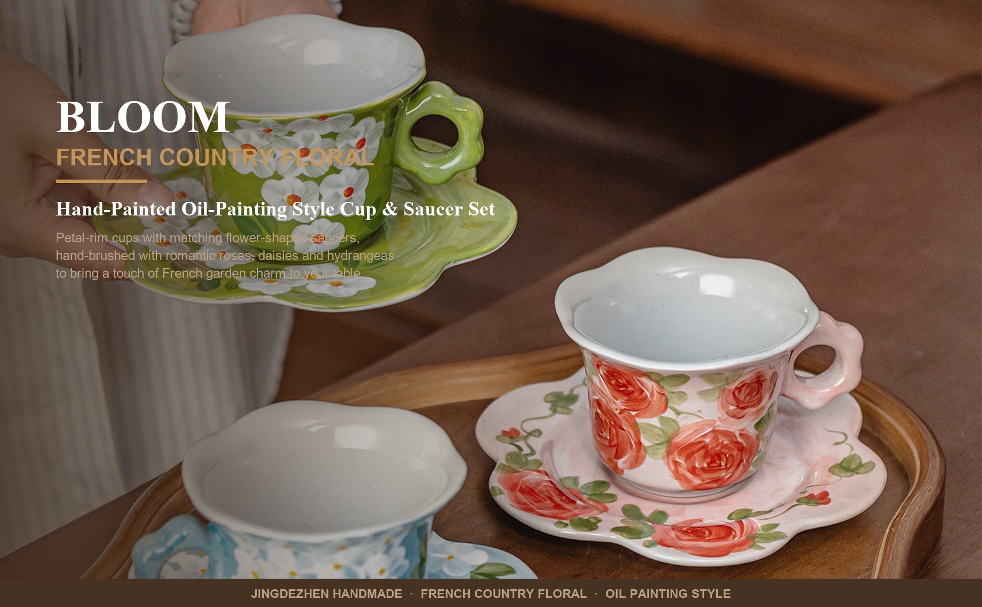 Main view of French Country Floral Ceramic Coffee Cup Saucer Set, Jingdezhen Hand-Painted