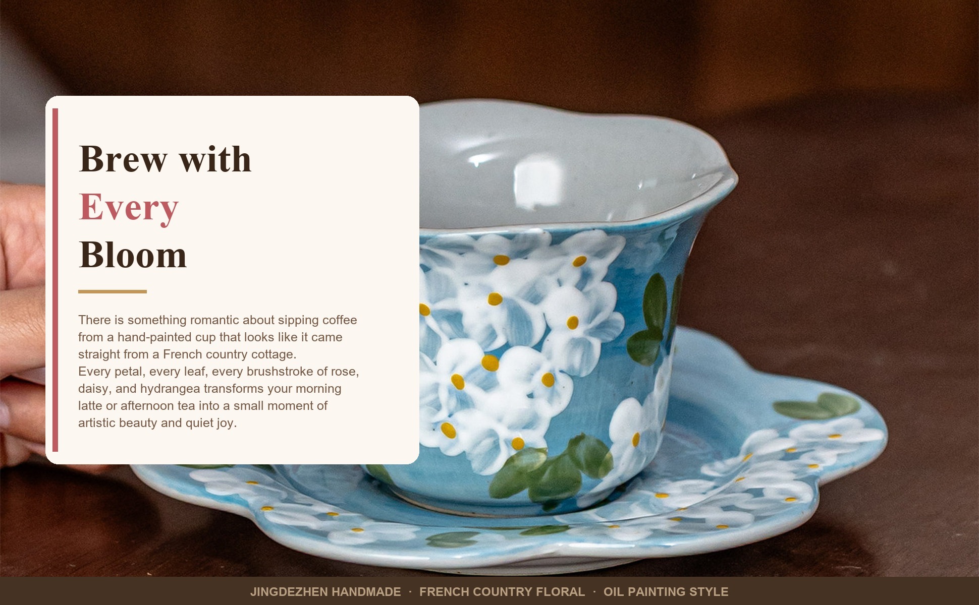 French Country Floral Ceramic Coffee Cup Saucer Set, Jingdezhen Hand-Painted in use