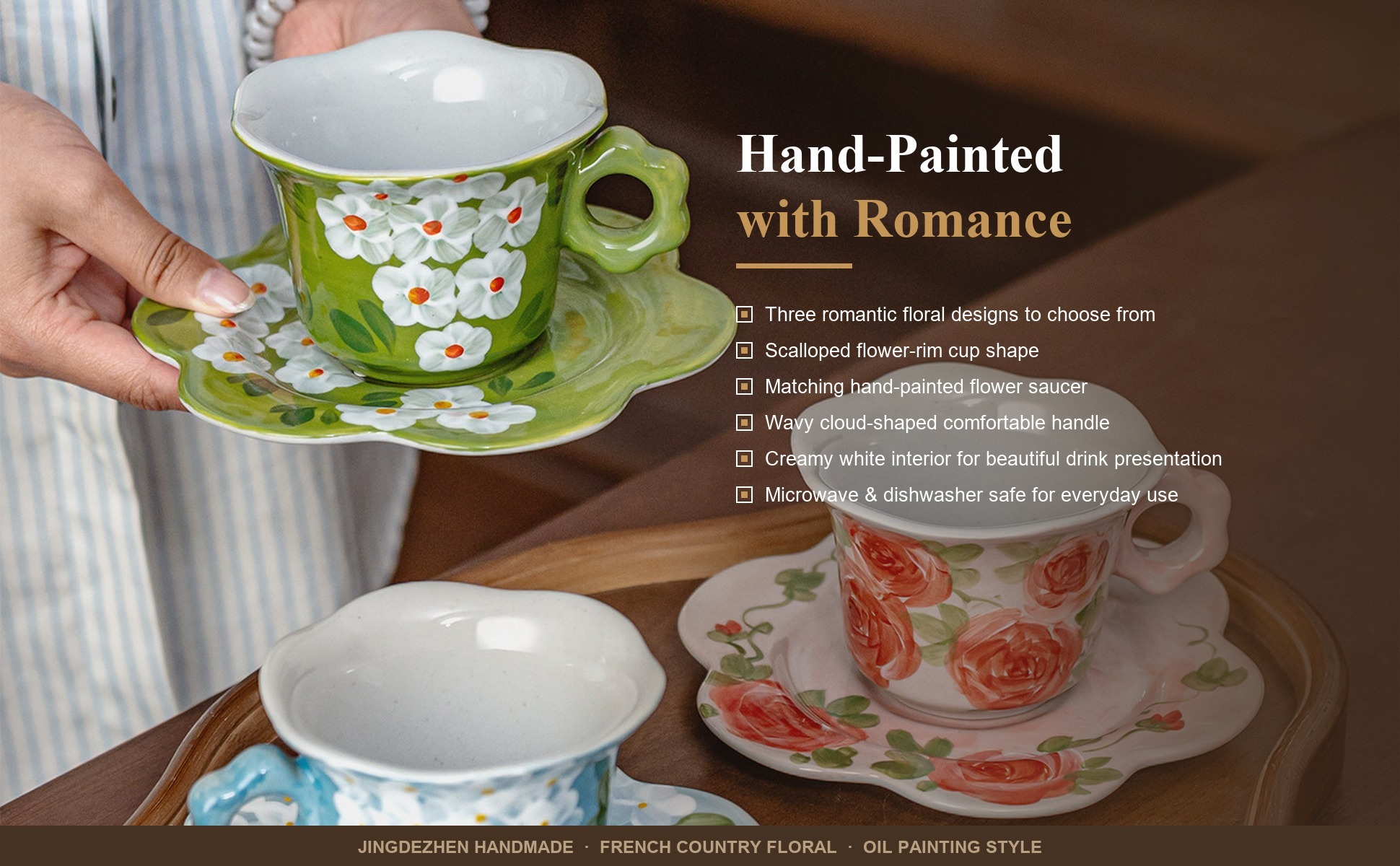 Craftsmanship detail of French Country Floral Ceramic Coffee Cup Saucer Set, Jingdezhen Hand-Painted