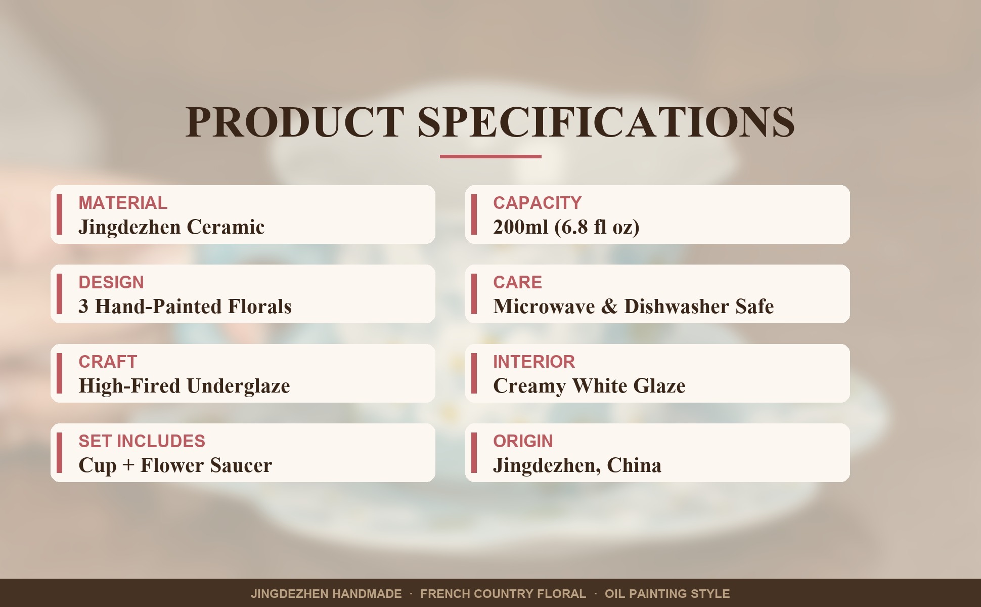 Specifications of French Country Floral Ceramic Coffee Cup Saucer Set, Jingdezhen Hand-Painted