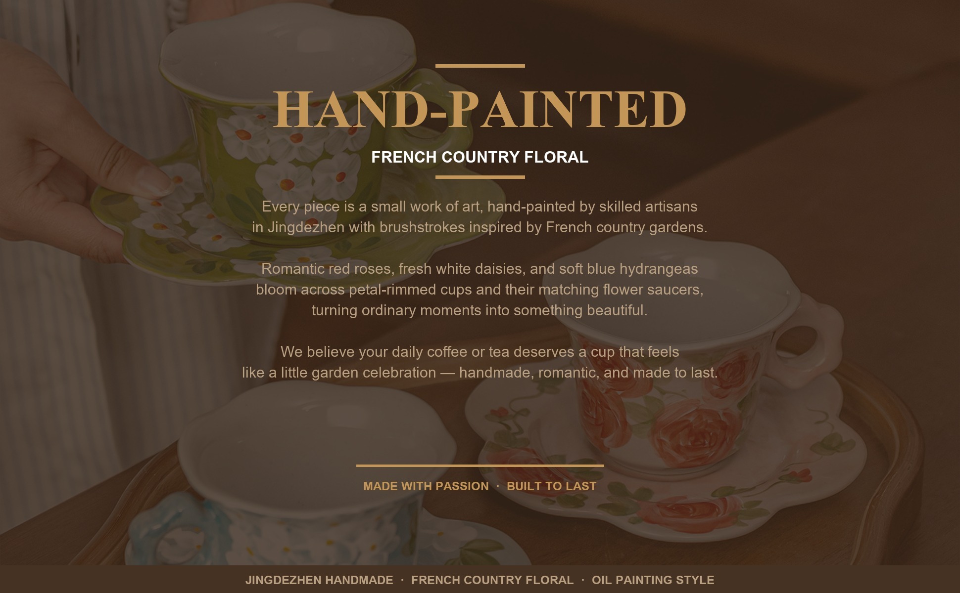 Brand story panel for French Country Floral Ceramic Coffee Cup Saucer Set, Jingdezhen Hand-Painted