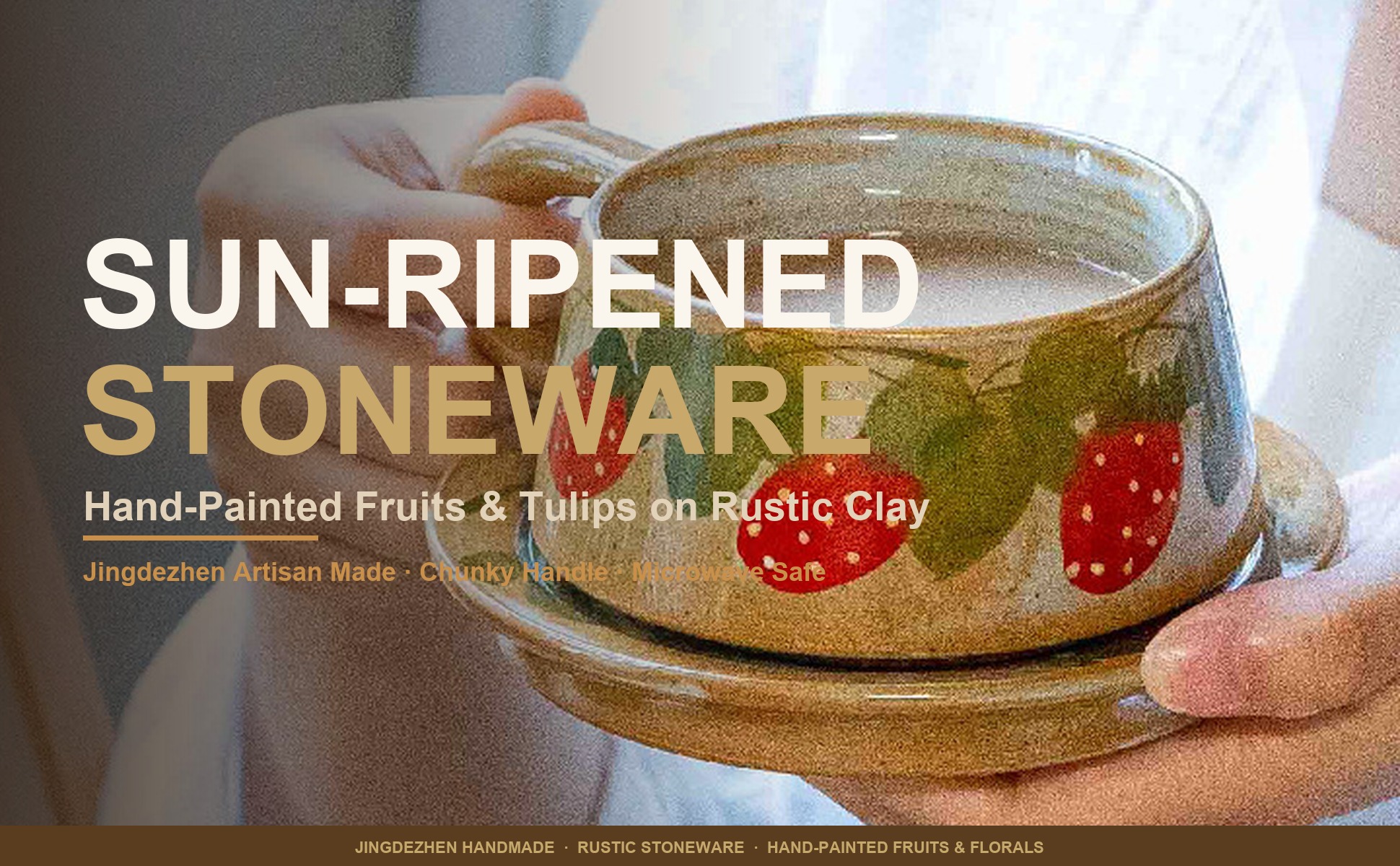Main view of Rustic Stoneware Coffee Cup Saucer Set, Jingdezhen Hand-Painted Fruit Floral
