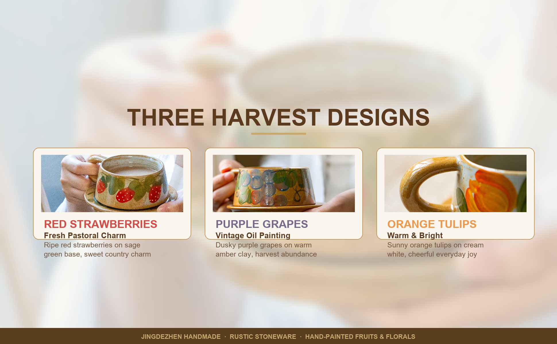 Design highlights of Rustic Stoneware Coffee Cup Saucer Set, Jingdezhen Hand-Painted Fruit Floral