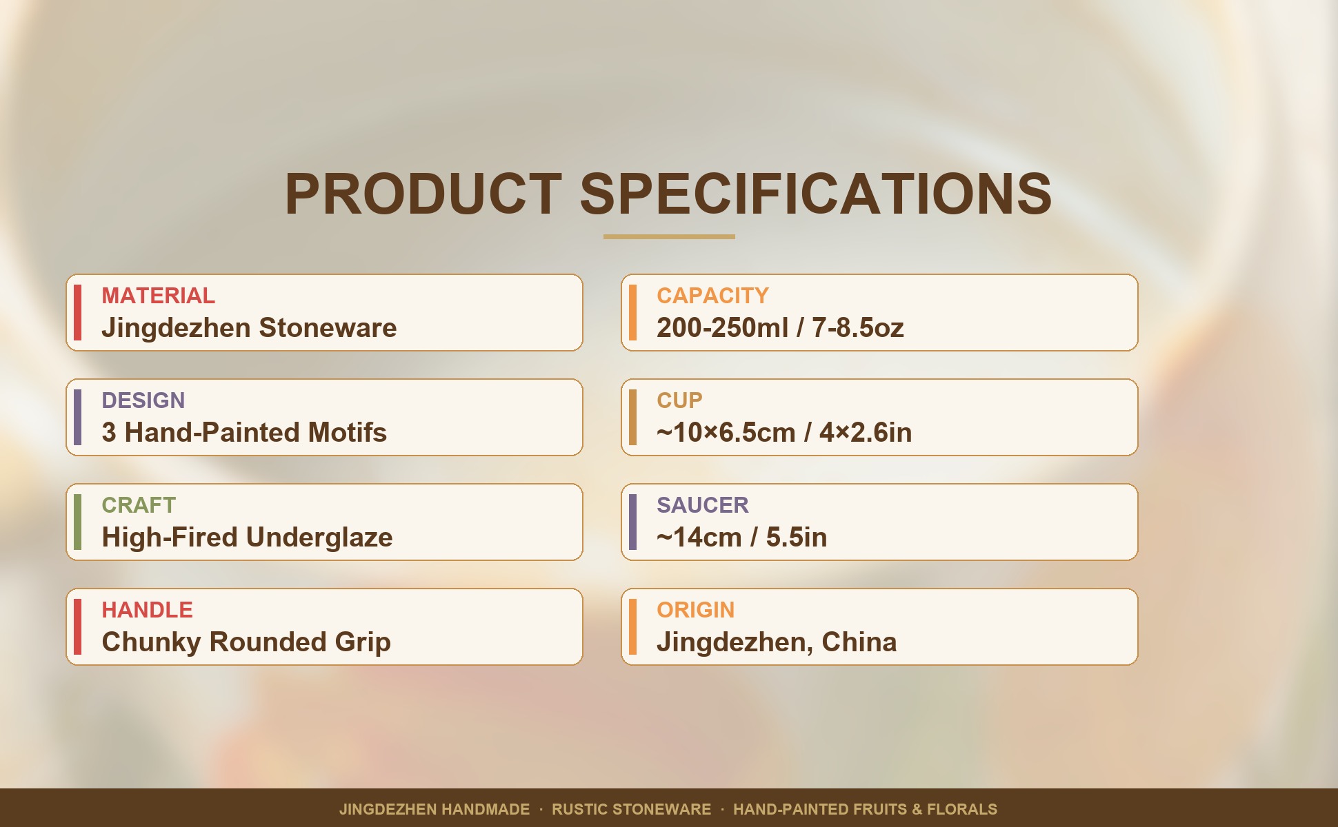 Specifications of Rustic Stoneware Coffee Cup Saucer Set, Jingdezhen Hand-Painted Fruit Floral