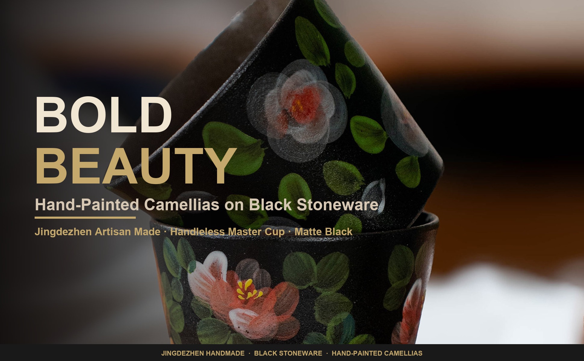 Main view of Black Stoneware Camellia Tea Cup, Jingdezhen Matte Black Pottery Hand-Painted