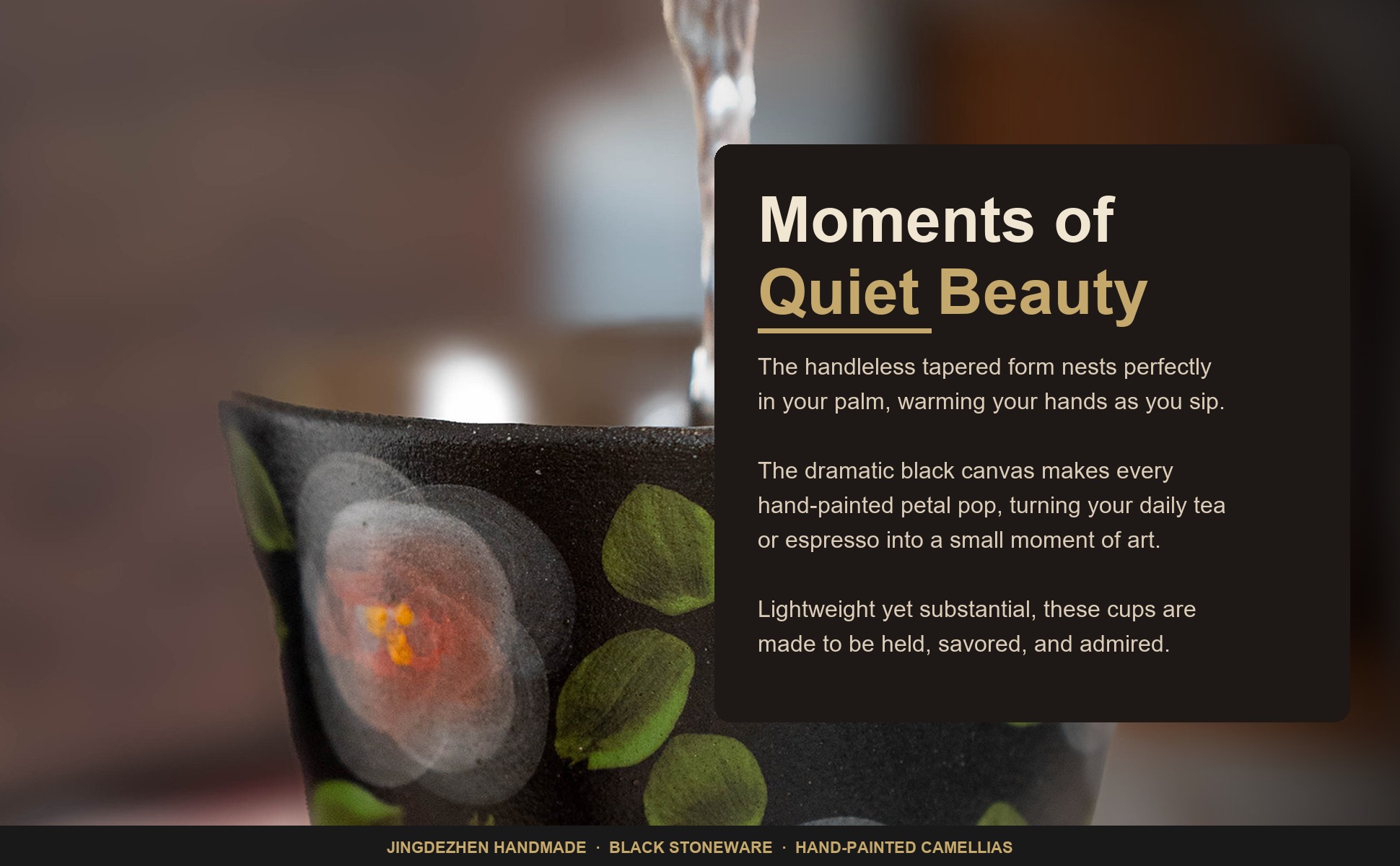 Black Stoneware Camellia Tea Cup, Jingdezhen Matte Black Pottery Hand-Painted in use