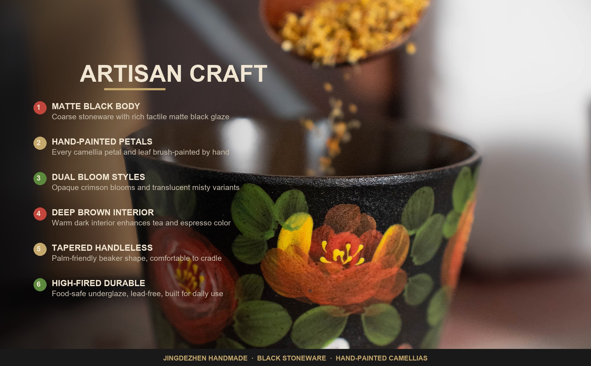 Craftsmanship detail of Black Stoneware Camellia Tea Cup, Jingdezhen Matte Black Pottery Hand-Painted