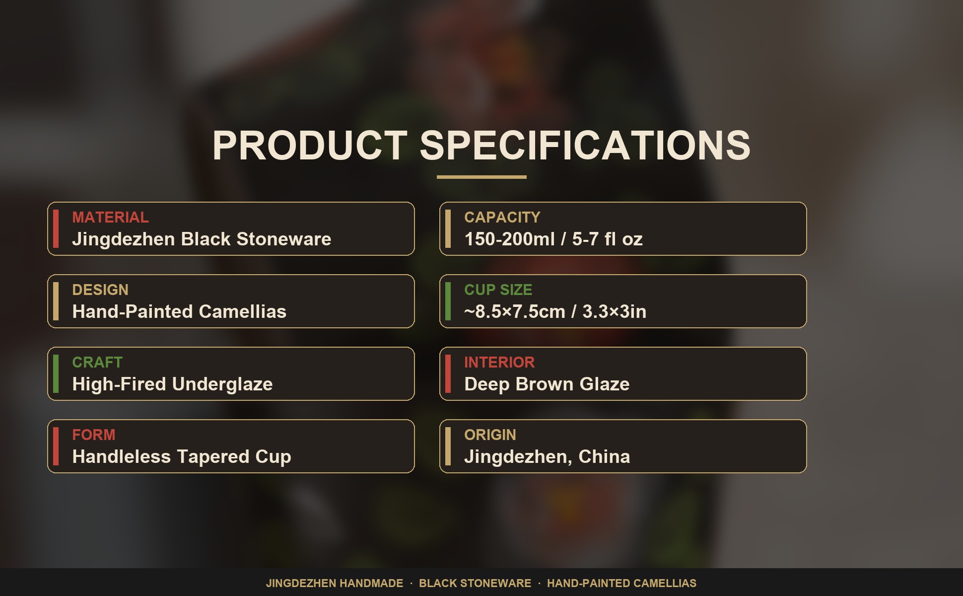 Specifications of Black Stoneware Camellia Tea Cup, Jingdezhen Matte Black Pottery Hand-Painted
