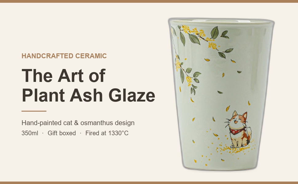 Handcrafted plant ash glaze ceramic mug with hand-painted cat and osmanthus design