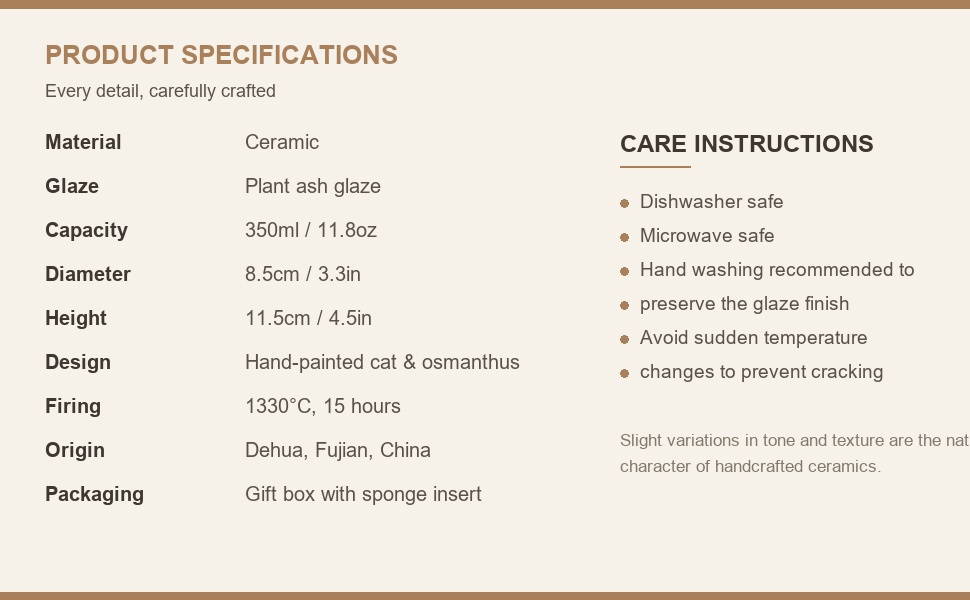 Specifications of the handmade ceramic mug: 350 ml, 8.5 cm diameter, 11.5 cm height