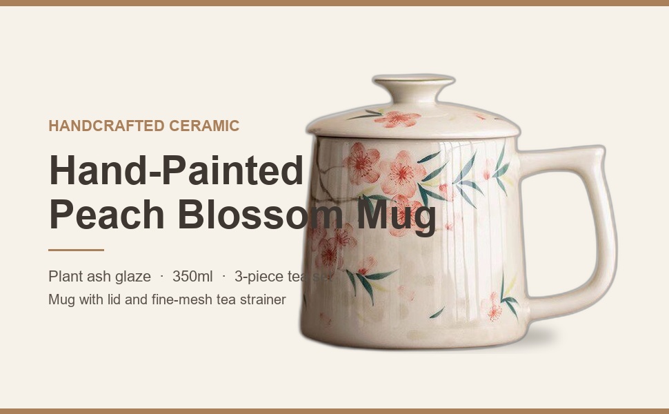 Hand-painted peach blossom ceramic mug with lid and tea strainer set