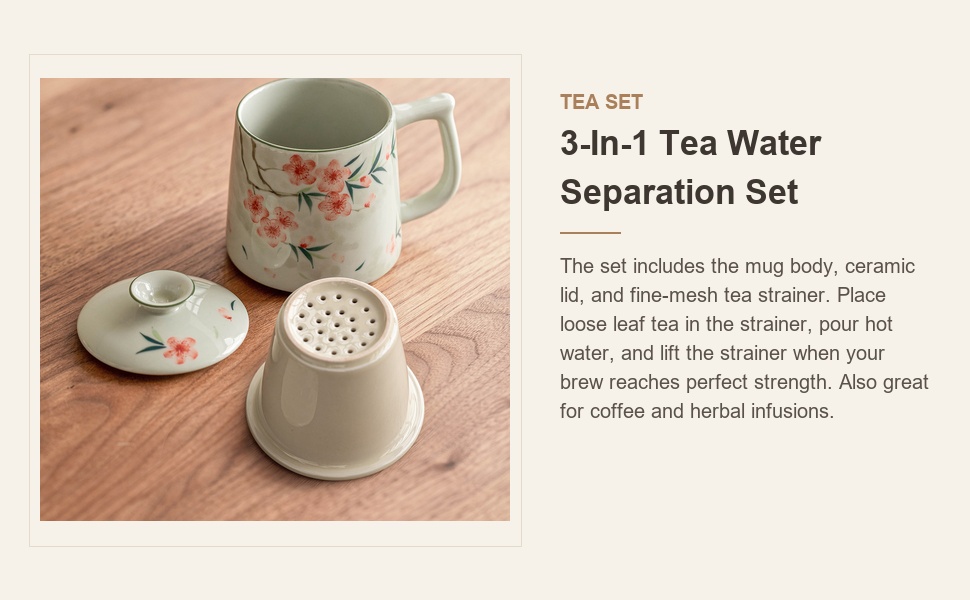 Three-piece tea water separation set: mug, ceramic lid and tea strainer