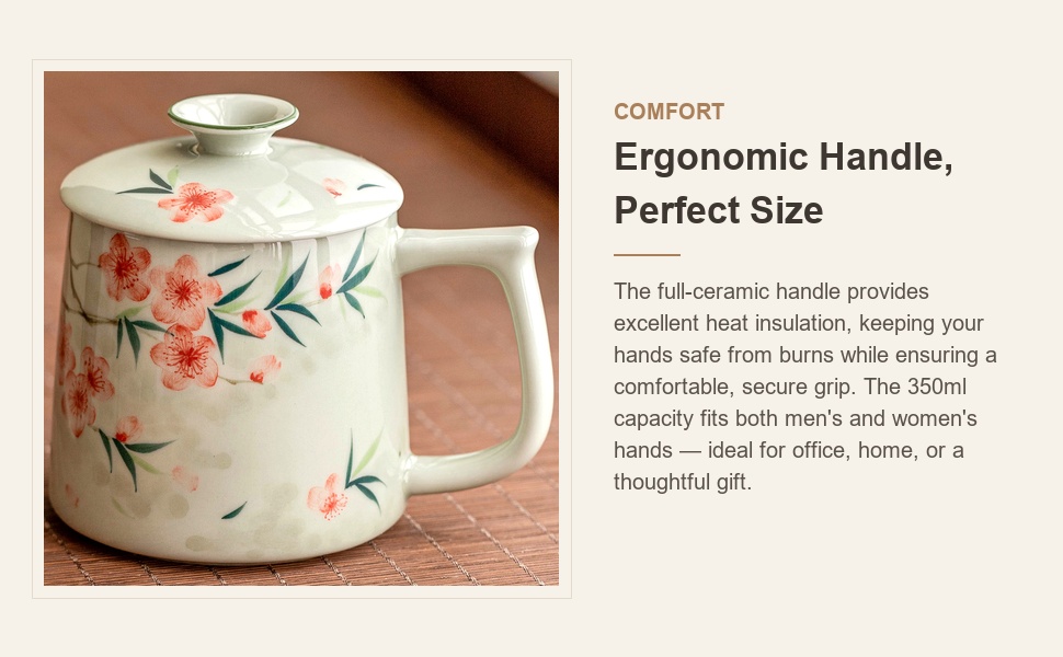 Full-ceramic heat-proof handle and 350 ml capacity of the mug