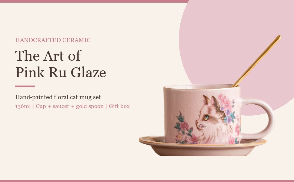 Pink Ru glaze flower cat coffee cup set with saucer and gold spoon