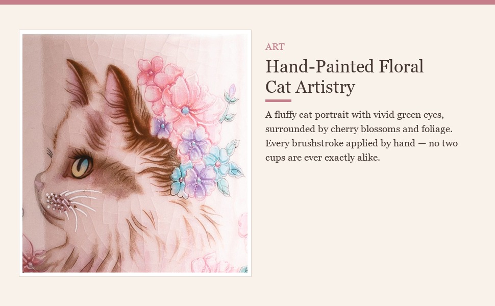 Hand-painted floral cat artwork on the ceramic cup