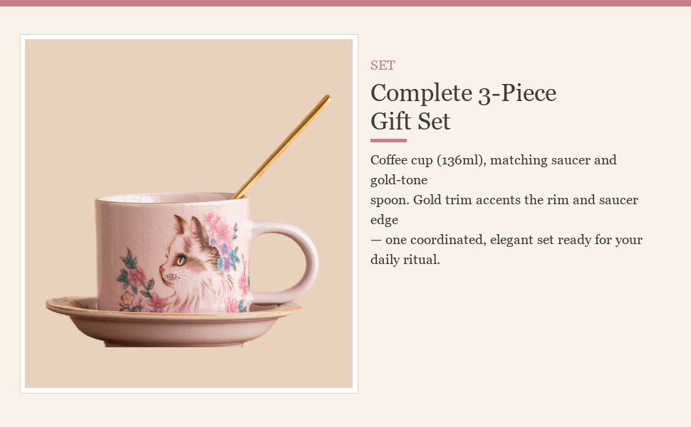Three-piece set: coffee cup, matching saucer and gold-tone spoon