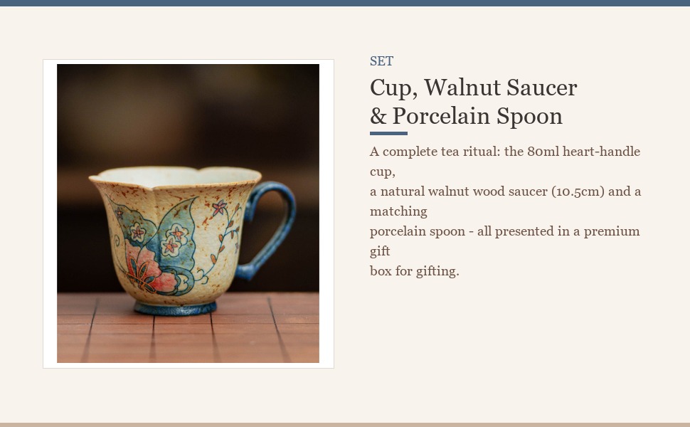 Complete set: tea cup, natural walnut wood saucer and porcelain spoon
