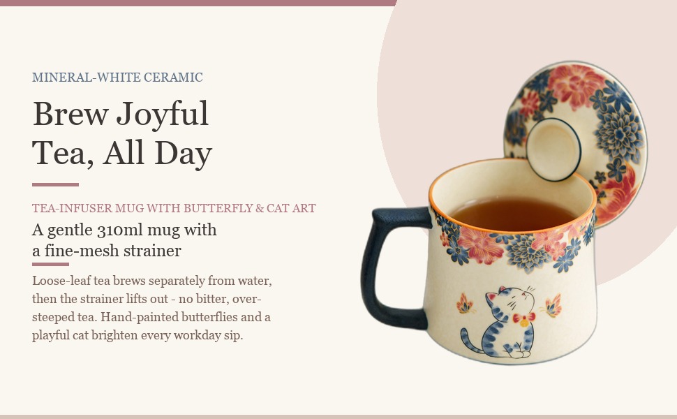 Mineral white butterfly cat tea infuser mug with lid, strainer and gift box