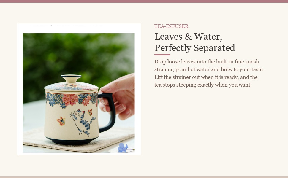 Fine mesh tea strainer separating tea leaves from water inside the mug