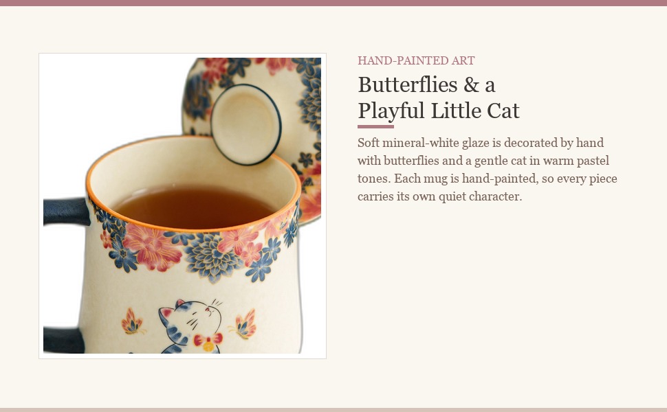 Hand-decorated butterflies and cat motif on the mineral white mug