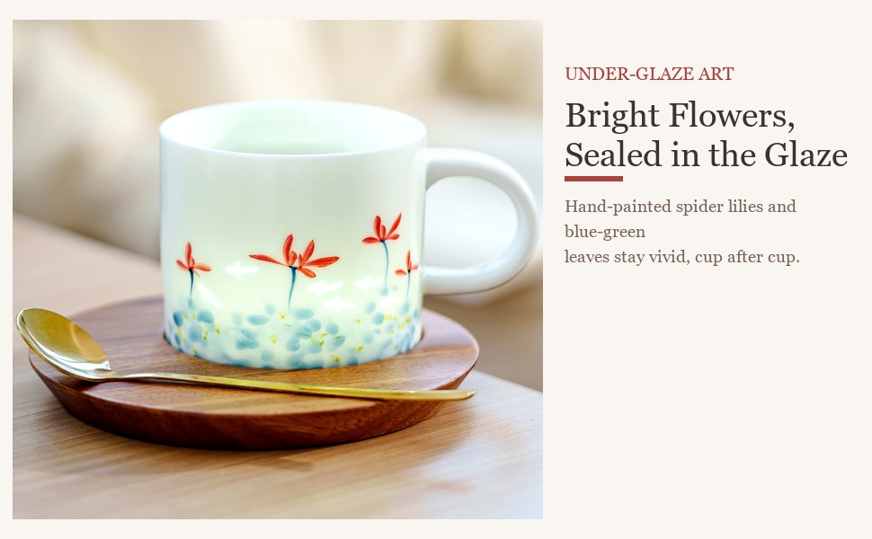 Hand-painted fish and red spider lily motif under the glaze