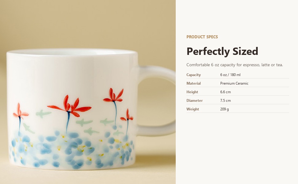 Coffee cup specifications: 180 ml capacity, 13 cm height, 209 g weight