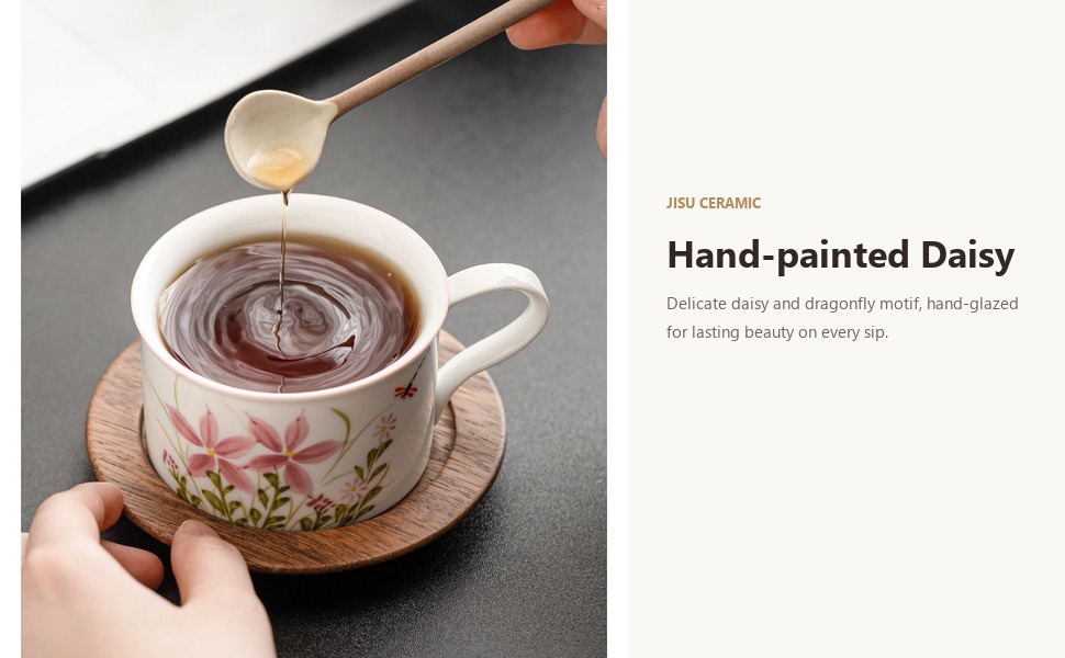 Hand-painted daisy dragonfly cup set styled with walnut saucer and cat spoon