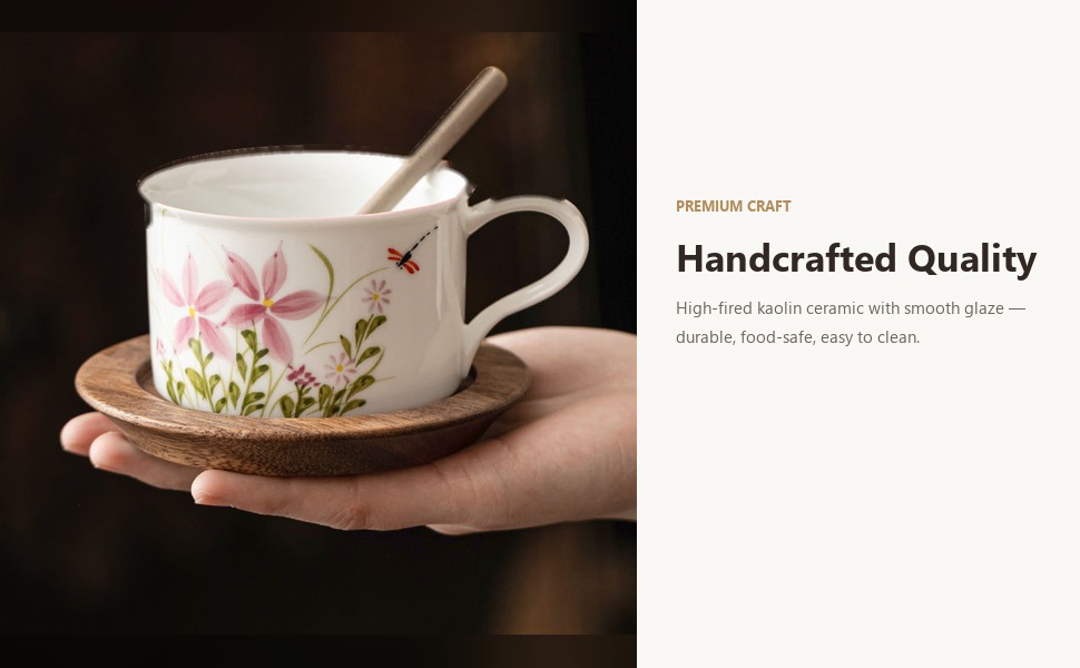 High-fired kaolin ceramic cup with hand-painted under-glaze artwork