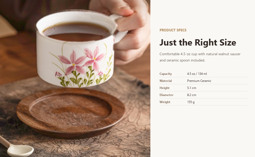Cup set specifications: 134 ml capacity, 8.2 cm rim, 155 g cup weight