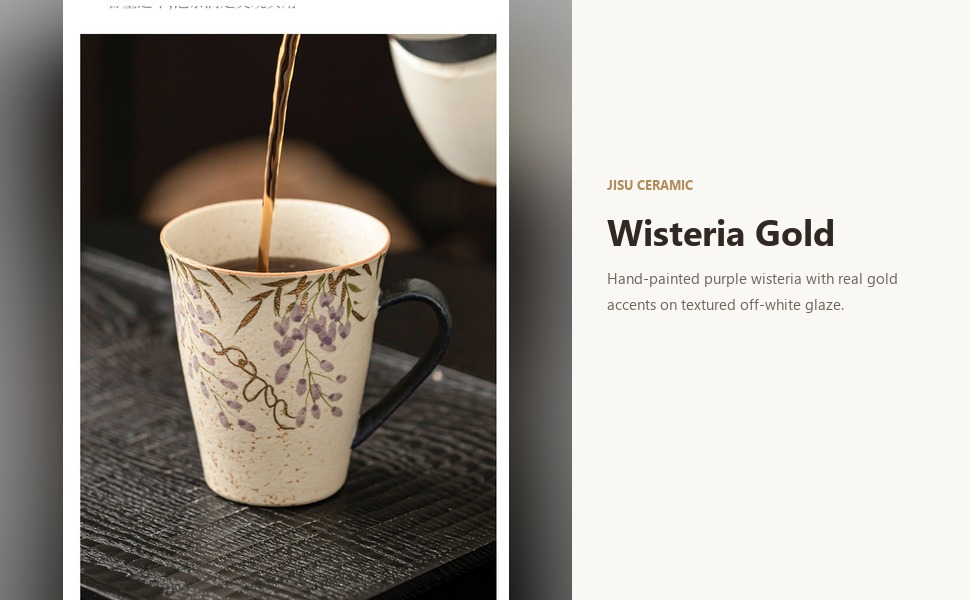 Hand-painted blue-fire wisteria mug with gold trim styled on a table