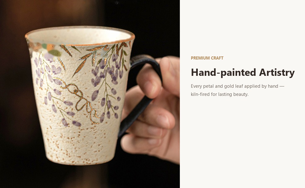 High-fired kaolin ceramic mug with hand-painted wisteria under protective glaze