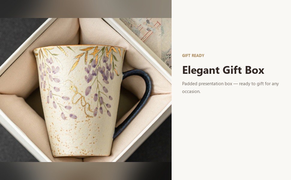 Wisteria gold trim mug in an elegant gift box