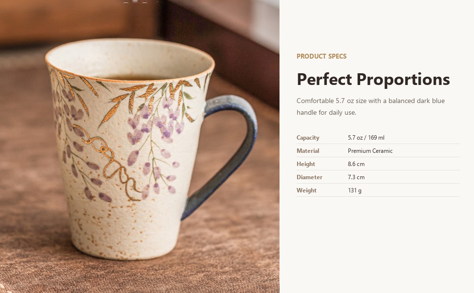 Mug specifications: 169 ml capacity, 8.6 cm height, 131 g weight