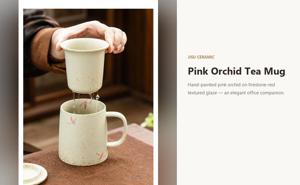 Hand-painted pink orchid tea mug with ceramic strainer styled on a desk