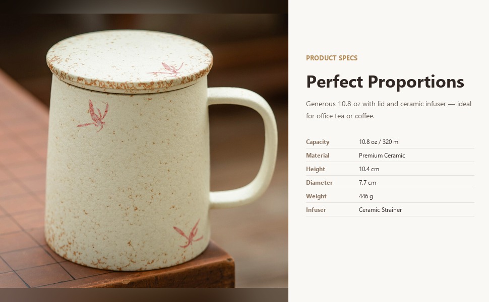 Tea mug specifications: 320 ml capacity, 10.4 cm height, 446 g weight