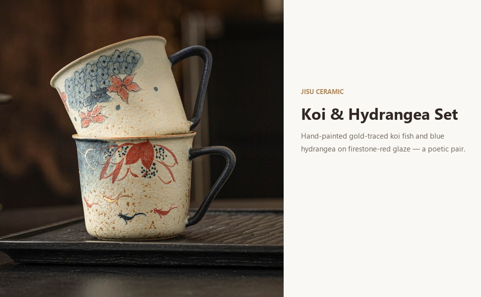 Blue and white koi hydrangea ceramic mug with tassel gift box styled on a table