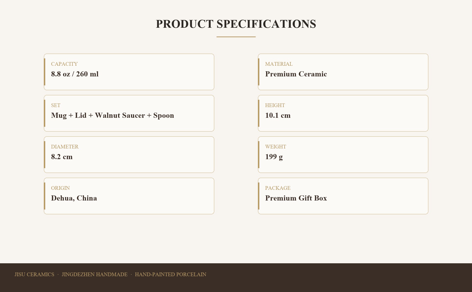 Mug set specifications: 260 ml capacity, 199 g mug weight, 12.5 cm length