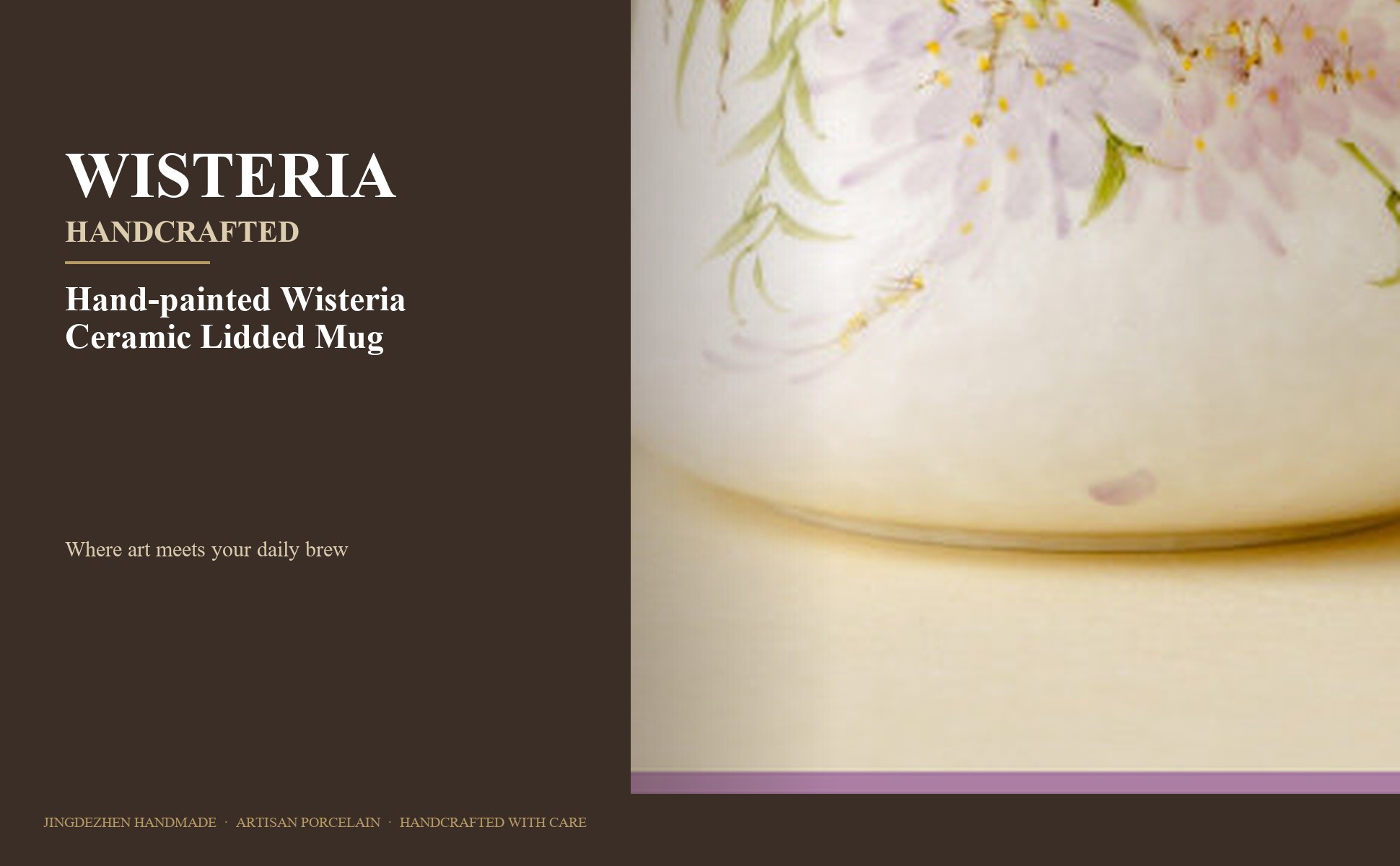 Hand-painted wisteria ceramic mug with flared rim and gift box