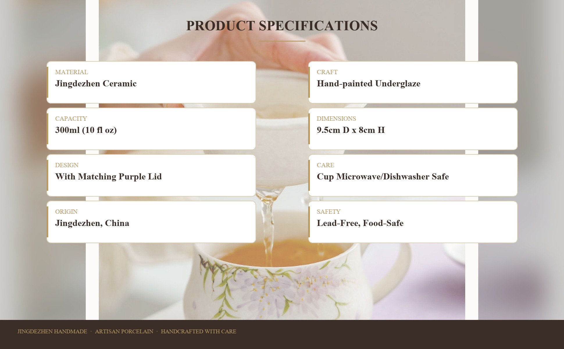 Mug specifications: 190 ml capacity, 10 cm height, 260 g weight