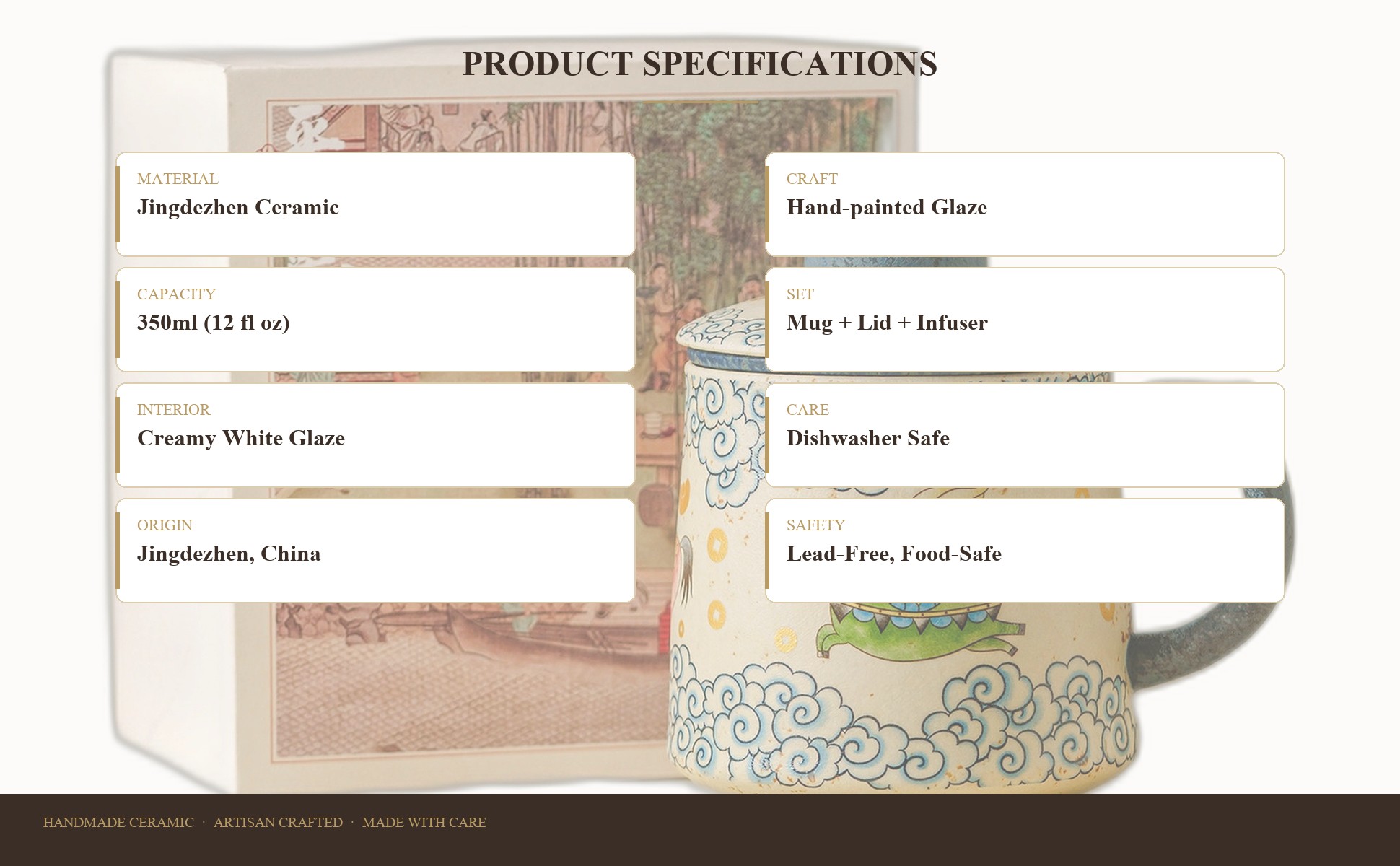 Tea mug specifications: 400 ml capacity, 11.5 cm height, 529 g weight