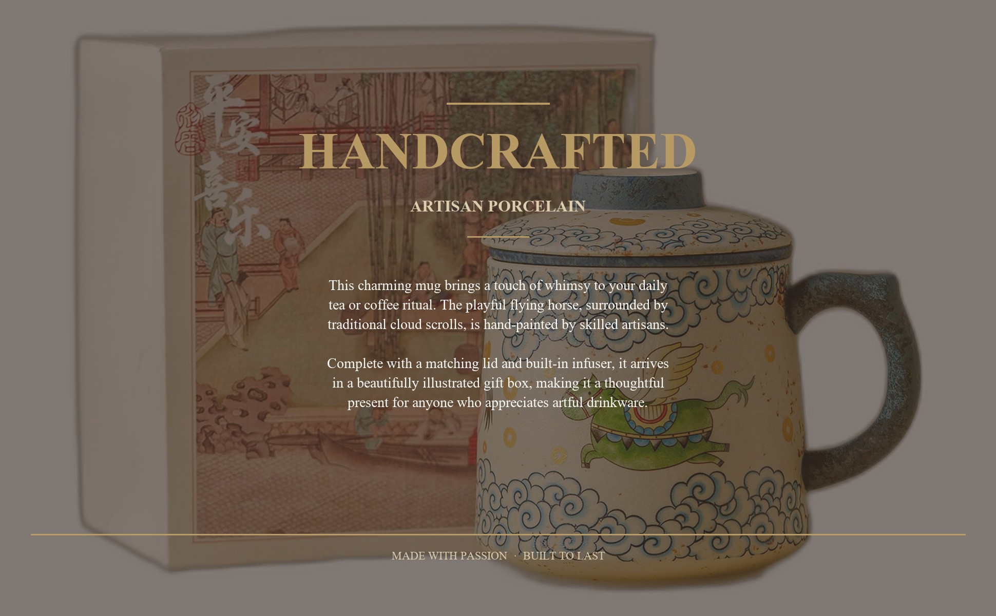 Hand-painted cloud horse motif on the ceramic tea mug